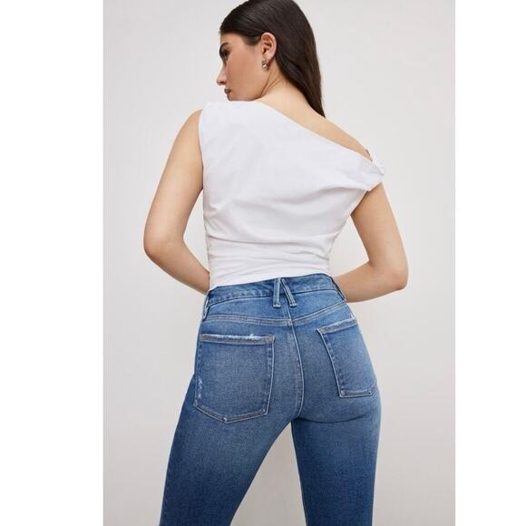 Good American Good Boy High Rise Distressed Straight Leg Raw Hem Jeans Sz 29 - Picture 5 of 13